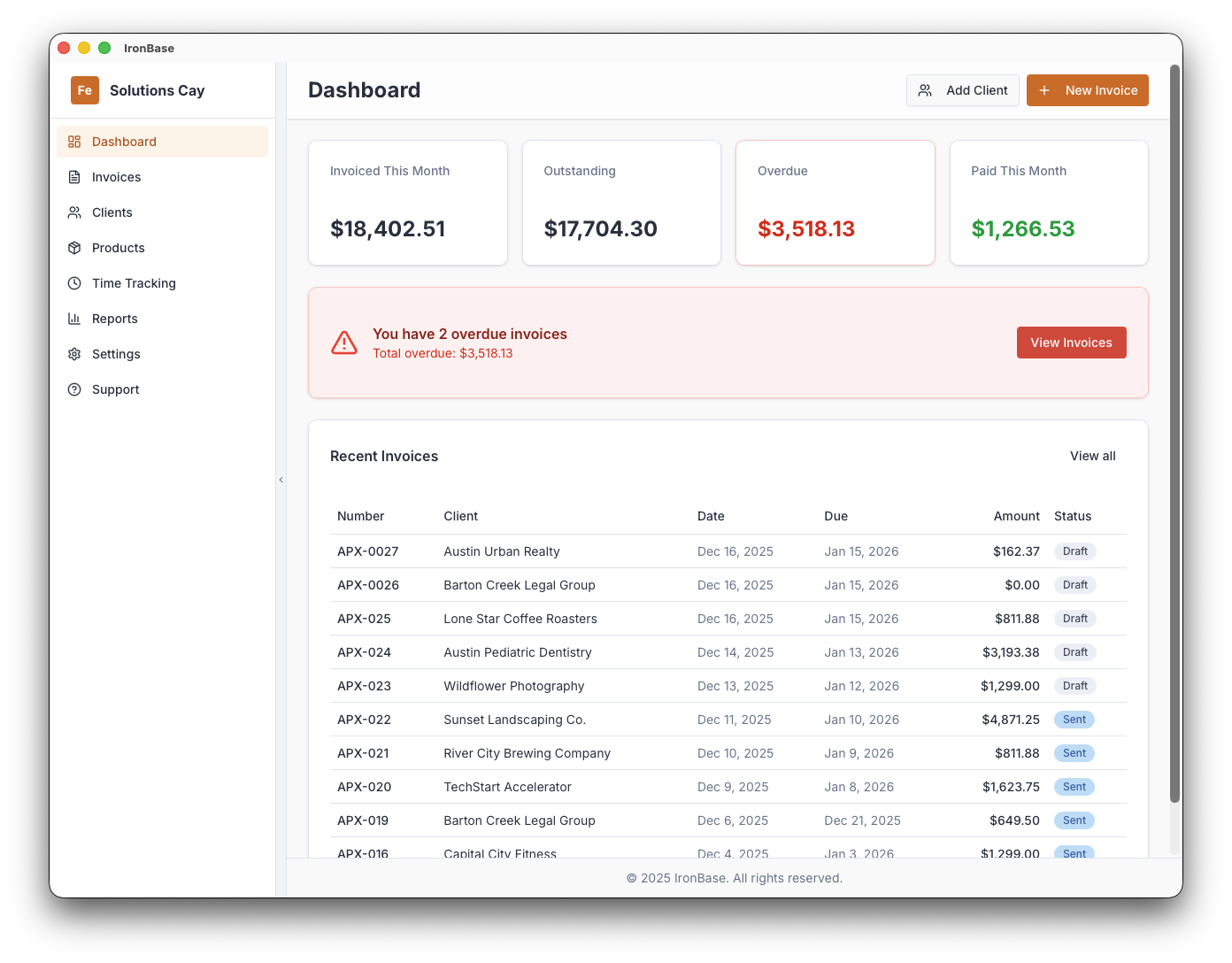 IronBase invoicing dashboard