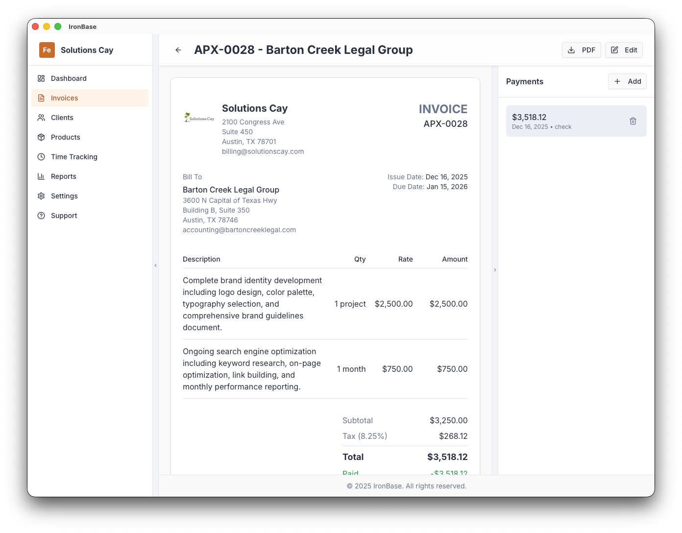 IronBase invoice preview with PDF export