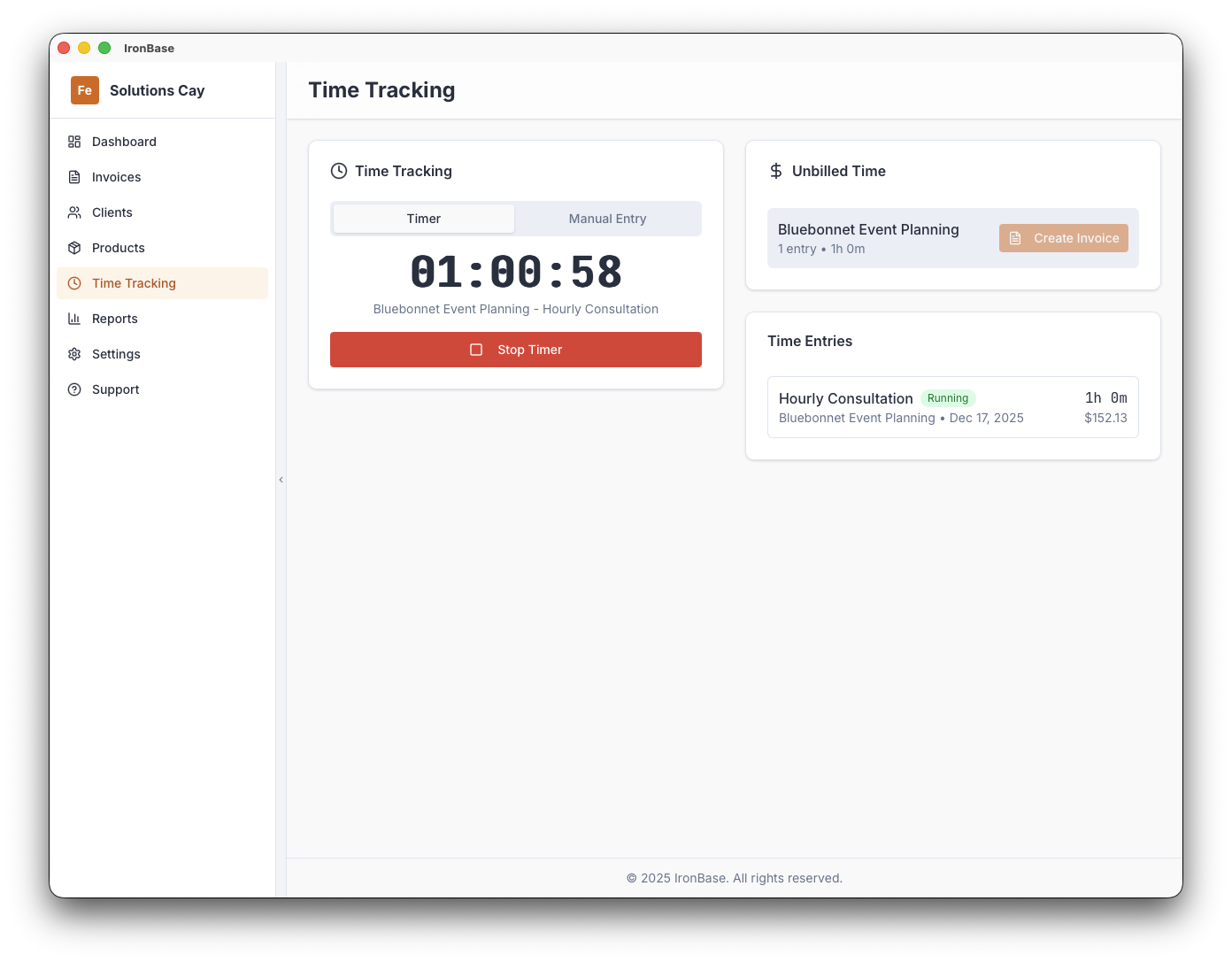 IronBase time tracking with timer